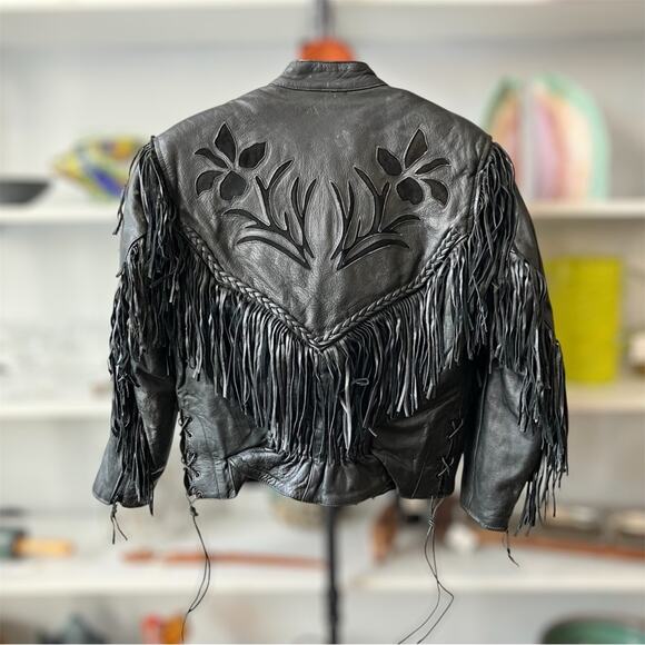 Vintage 80’s UNIK Fringe Leather Black Jacket Small/ Medium - Picture 2 of 12
